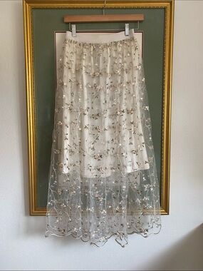 Toi et Moi White Tulle Full Length Skirt with Blush Floral Embroidery